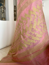 BIDULA – LIGHT PINK COTTON JAMDANI SAREE WITH GREEN FLORALS