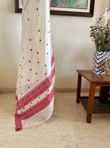 PRAGYASHREE – WHITE ASSAM SILK WITH RED BORDERS & BLOOMS