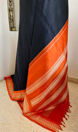 MAADHULYA-BOLD BLACK KORVAI KANJIVARAM WITH ORANGE AND GOLD PAISLEYS