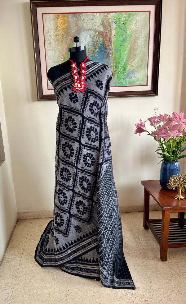 BHABANA- GREY BLACK BAGHAMBARI COTTON SAREE WITH BANDHA AANCHAL