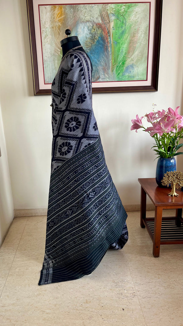 BHABANA- GREY BLACK BAGHAMBARI COTTON SAREE WITH BANDHA AANCHAL