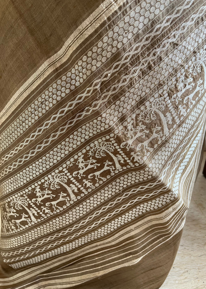 RUVIKA – OLIVE BROWN TUSSAR WITH VILLAGE SCENE AANCHAL