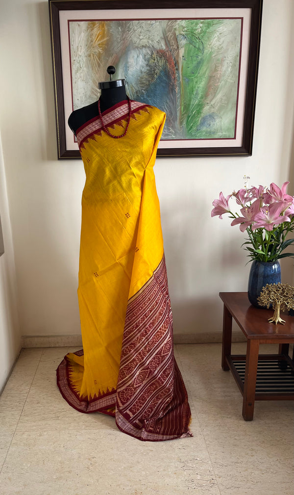 SEBA- YELLOW KHANDUA SILK WITH MAROON TEMPLE BORDER AND AANCHAL