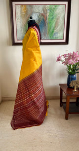 SEBA- YELLOW KHANDUA SILK WITH MAROON TEMPLE BORDER AND AANCHAL