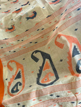 BRISHTI- STYLISH CREAM COTTON JAMDANI SAREE WITH ORANGE AND BLACK MOTIFS