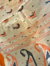 BRISHTI- STYLISH CREAM COTTON JAMDANI SAREE WITH ORANGE AND BLACK MOTIFS