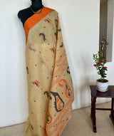 BRISHTI- STYLISH CREAM COTTON JAMDANI SAREE WITH ORANGE AND BLACK MOTIFS