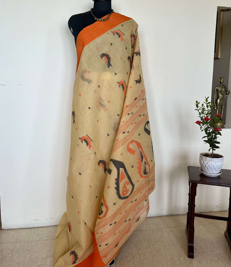 BRISHTI- STYLISH CREAM COTTON JAMDANI SAREE WITH ORANGE AND BLACK MOTIFS