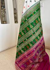 MANIMA – WHITE BOMKAI WITH GREEN BORDER AND ORNATE AANCHAL