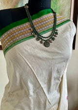 MANIMA – WHITE BOMKAI WITH GREEN BORDER AND ORNATE AANCHAL