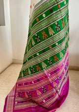 MANIMA – WHITE BOMKAI WITH GREEN BORDER AND ORNATE AANCHAL