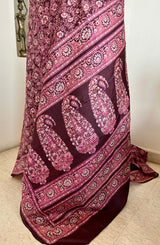 REYKA – BROWN PRINTED SILK SAREE WITH PEACH AND MAUVE FLORALS