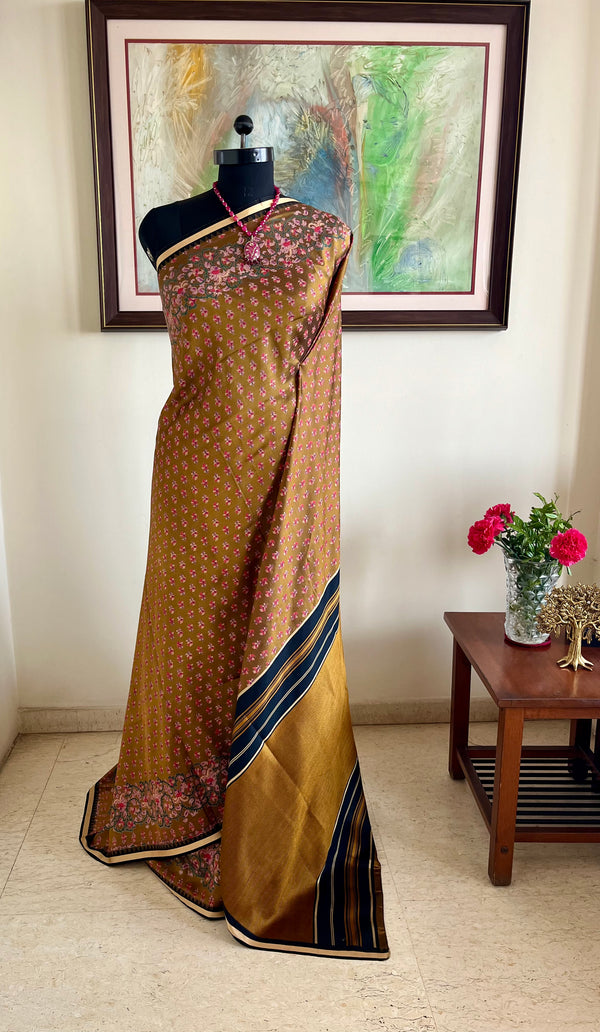 SIMI–OLIVE BROWN HANDLOOM SILK WITH FLORAL PRINTED BORDERS