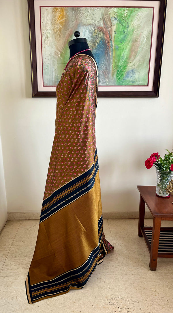 SIMI–OLIVE BROWN HANDLOOM SILK WITH FLORAL PRINTED BORDERS