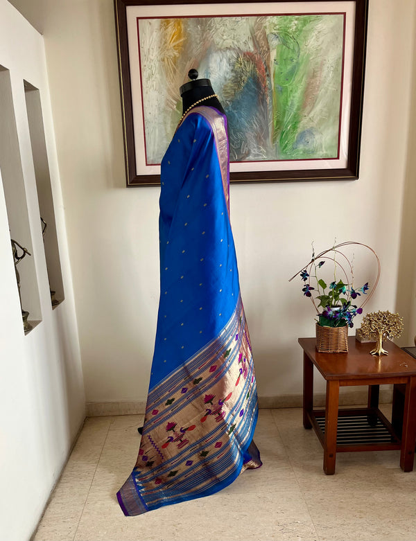SUBHRATI- BLUE PAITHANI SILK WITH NARALI BORDER AND MOR KUNDA AANCHAL