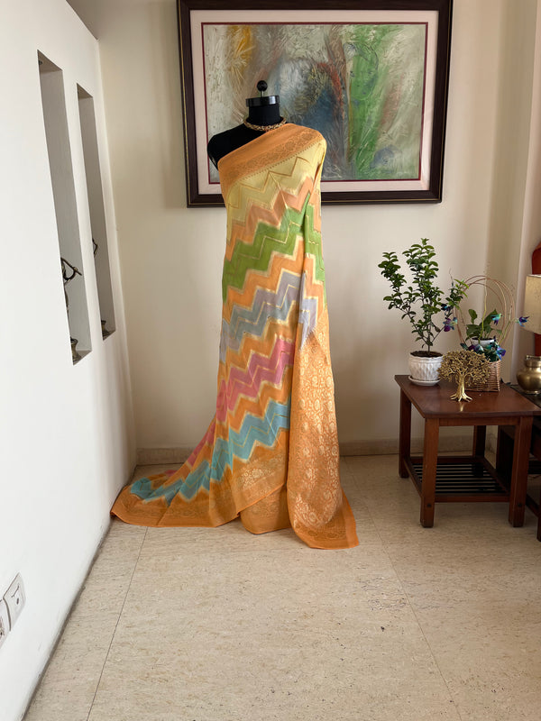 SMRITA – NEVER WORN MULTICOLOURED BANARASI GEORGETTE WITH FLORAL ZARI AANCHAL