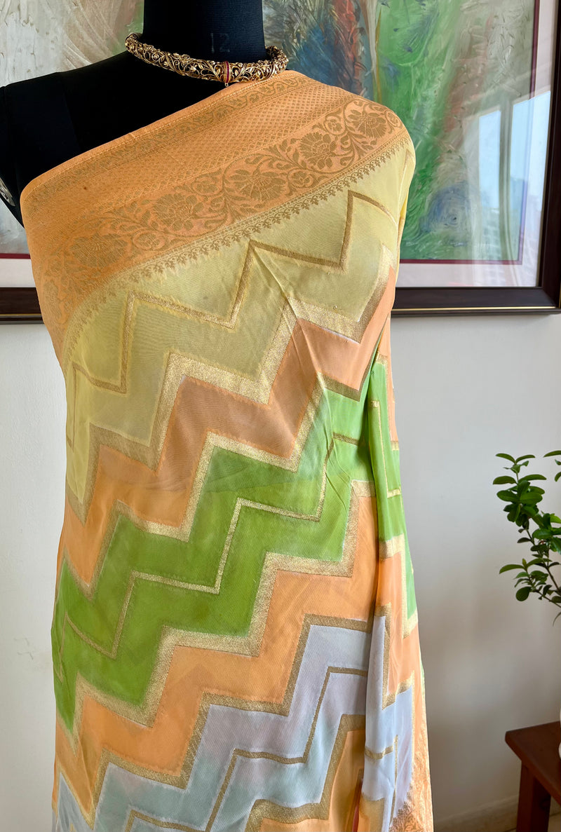 SMRITA – NEVER WORN MULTICOLOURED BANARASI GEORGETTE WITH FLORAL ZARI AANCHAL