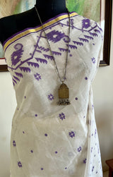 VINISHA – WHITE DHAKAI JAMDANI WITH PURPLE FLORALS AND GOLD BORDER