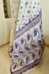 VINISHA – WHITE DHAKAI JAMDANI WITH PURPLE FLORALS AND GOLD BORDER