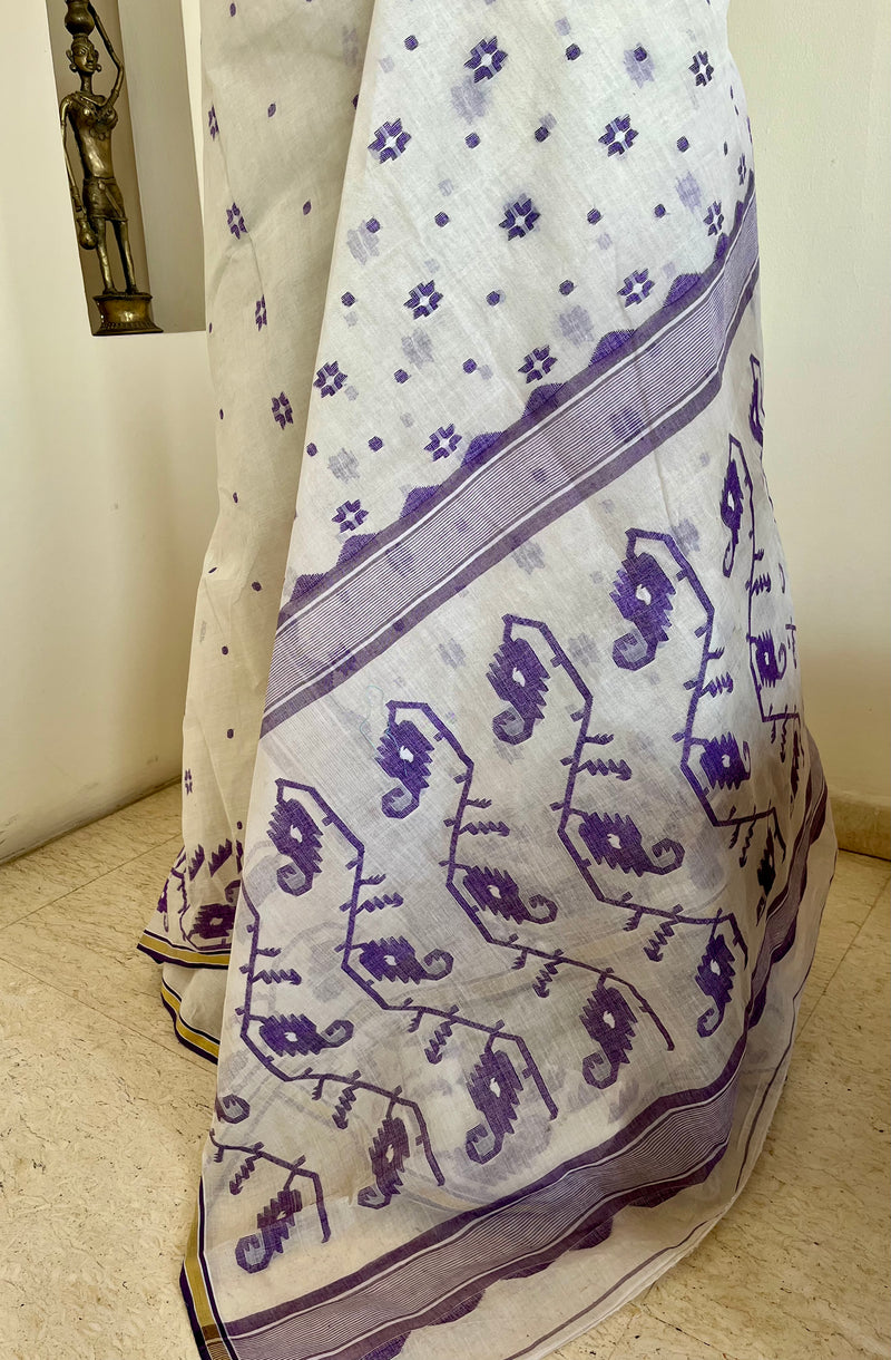 VINISHA – WHITE DHAKAI JAMDANI WITH PURPLE FLORALS AND GOLD BORDER