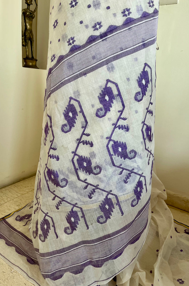 VINISHA – WHITE DHAKAI JAMDANI WITH PURPLE FLORALS AND GOLD BORDER