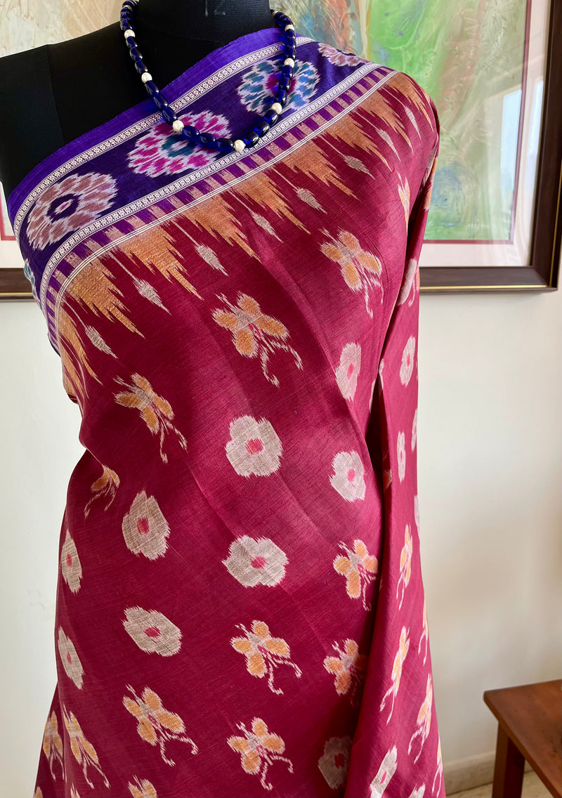PADMAPRIYA – RUST BROWN KHANDUA WITH LOTUS AND BUTTERFLY MOTIFS