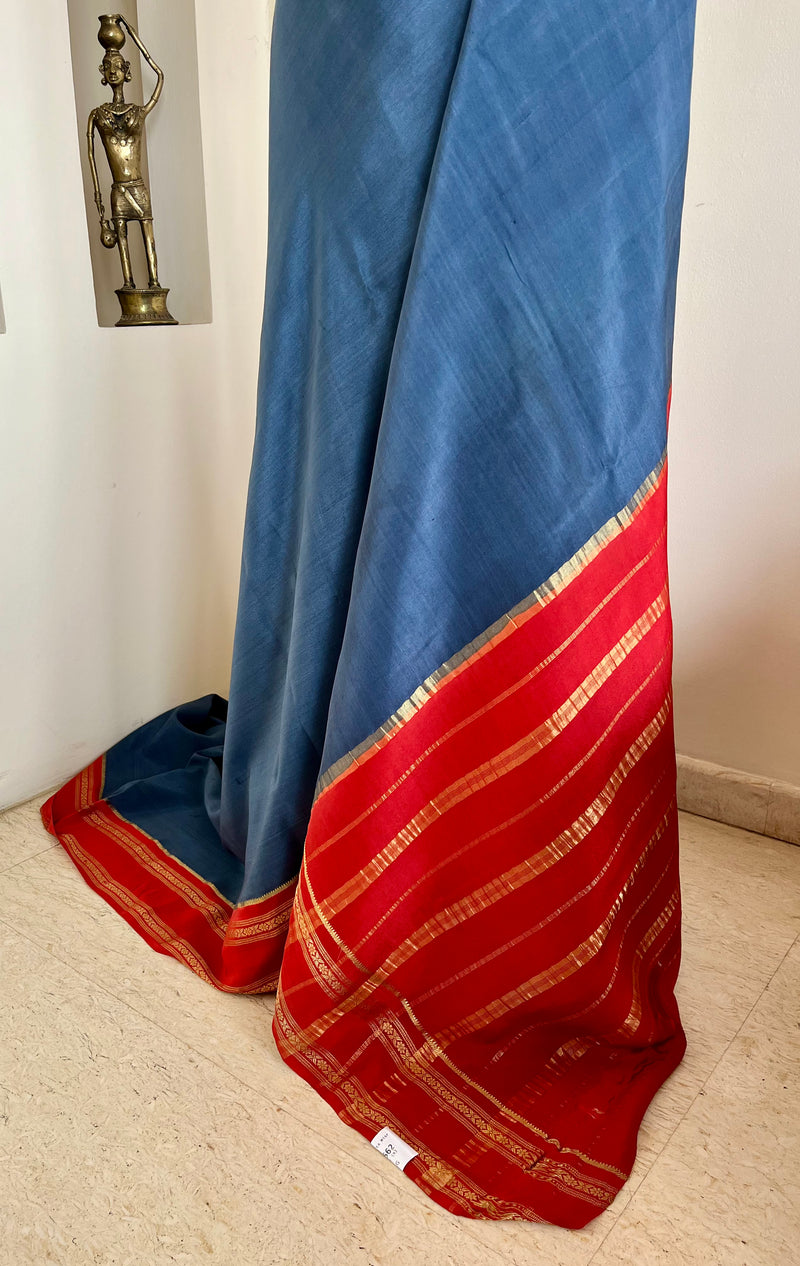 SUMINA – VINTAGE BLUISH GREY MYSORE CREPE WITH RED BORDER