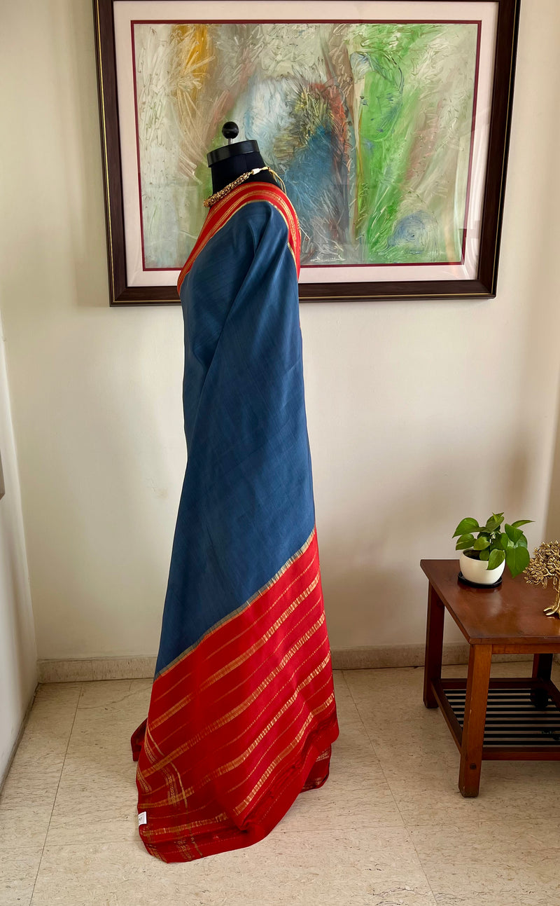 SUMINA – VINTAGE BLUISH GREY MYSORE CREPE WITH RED BORDER