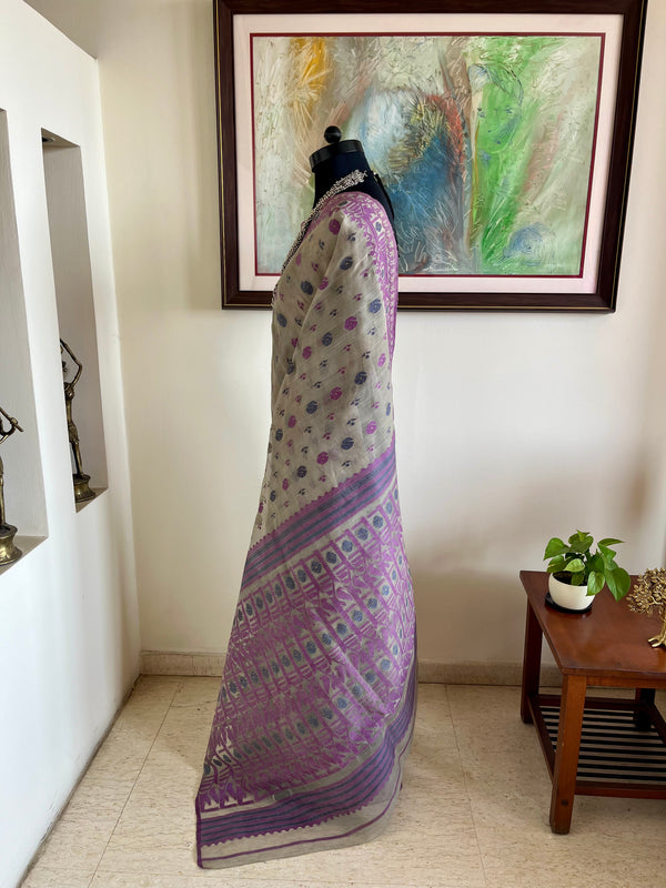 MOUMALI- GREENISH GREY COTTON JAMDANI WITH MAUVE AND BLACK MOTIFS