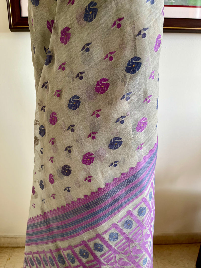 MOUMALI- GREENISH GREY COTTON JAMDANI WITH MAUVE AND BLACK MOTIFS