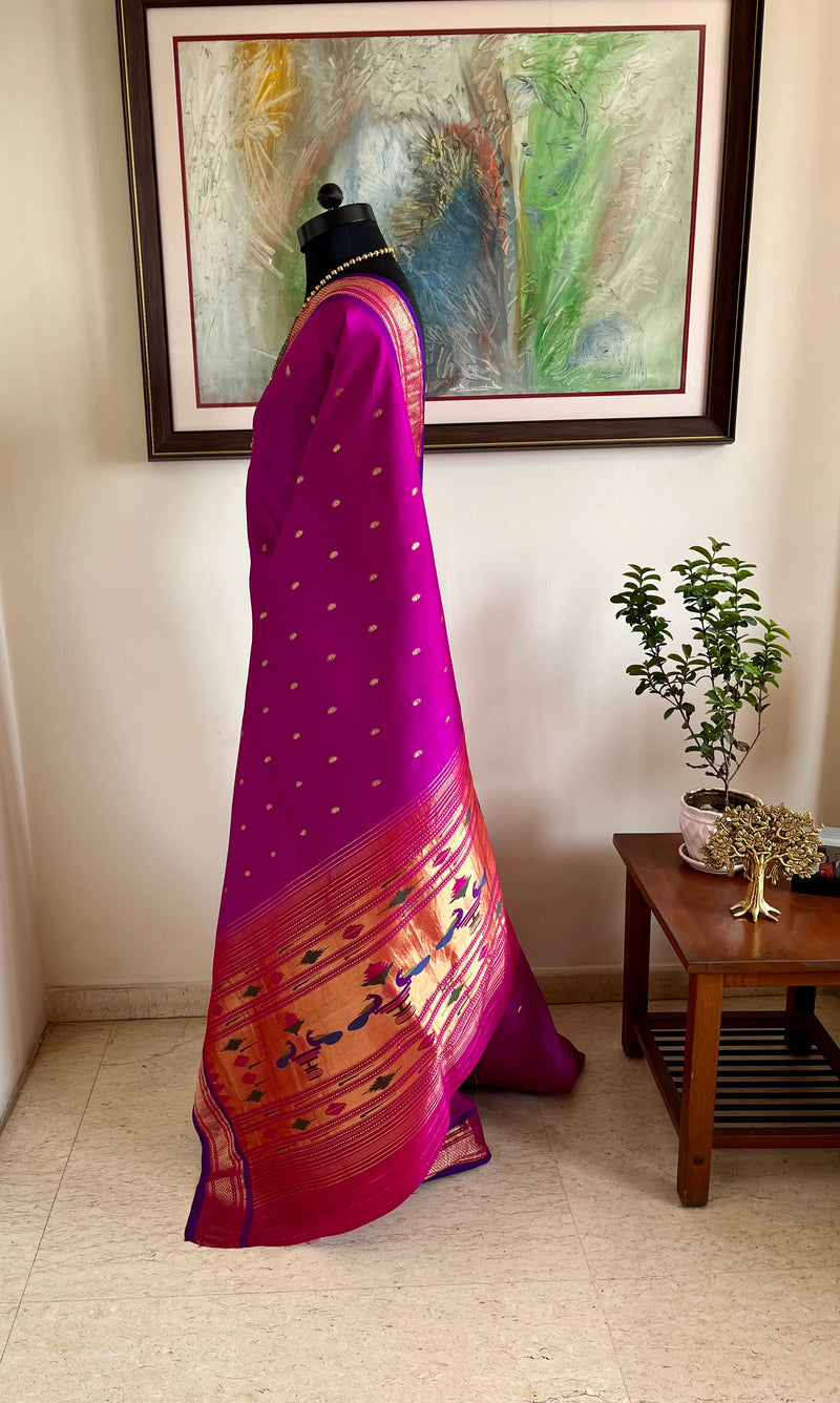 MADHUJA- BOLD MAGENTA PAITHANI WITH MOR KUNDA & NARALI BORDER