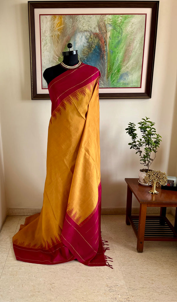 PAVAI – MUSTARD VINTAGE KANJIVARAM WITH MAROON ZARI BORDER