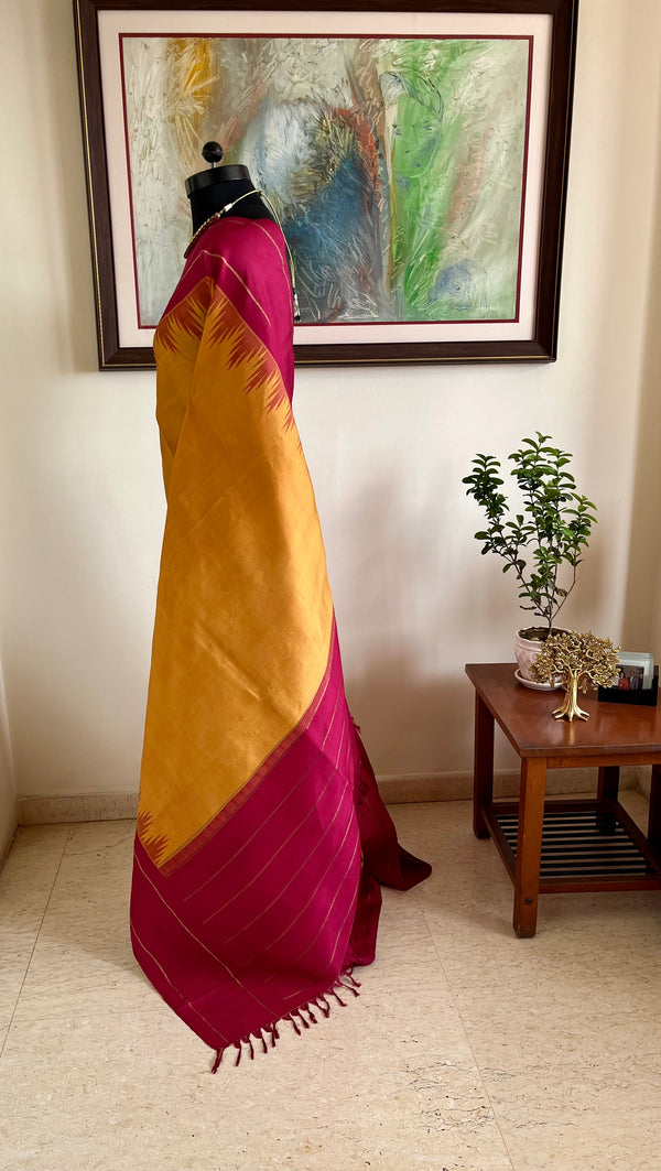 PAVAI – MUSTARD VINTAGE KANJIVARAM WITH MAROON ZARI BORDER