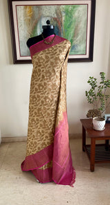 AADHILA - SOFT TONAL FLORALS ON TUSSAR WITH MAGENTA BORDER