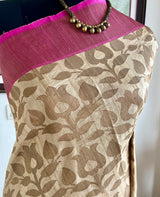 AADHILA - SOFT TONAL FLORALS ON TUSSAR WITH MAGENTA BORDER