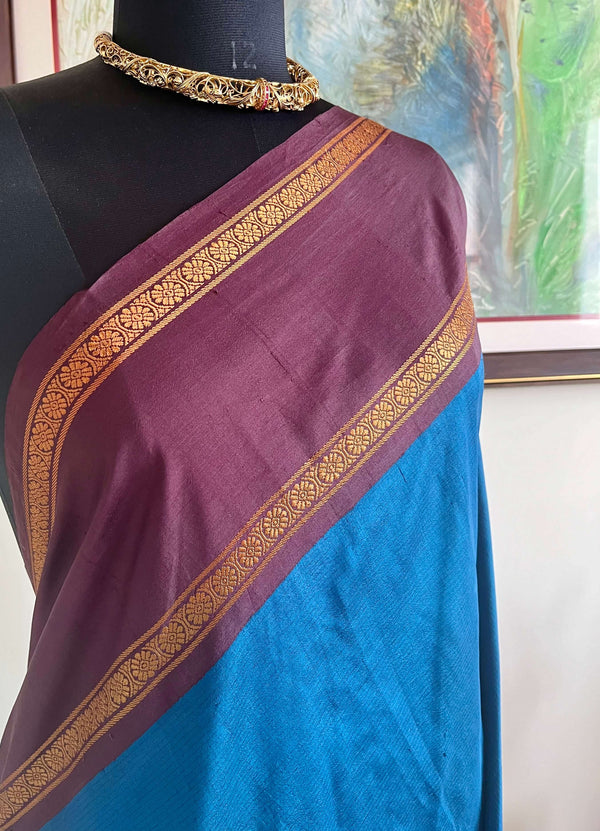 VANIKA- ELEGANT KORVAI KANJIVARAM IN BLUE WITH CHOCOLATE BROWN BORDER