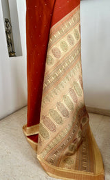 BENIKA- RUST BOMKAI SAREE WITH EXQUISITE CREAM AANCHAL