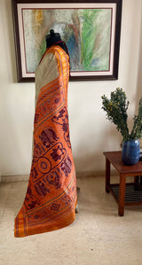 MRUDANI – GREY KHANDUA WITH STRIKING LOTUS AND ELEPHANT MOTIFS