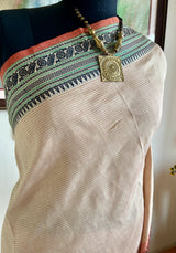 MRIDVIKA – GREYISH CREAM KANJIVARAM WITH RUST STRIPES
