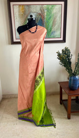 ABHITI – PEACH KANJIVARAM WITH CONTRAST GREEN AANCHAL