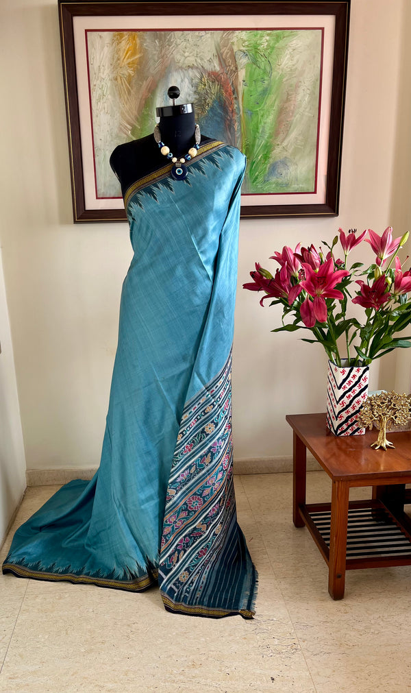 MILITA- VINTAGE KHANDUA SILK IN GREYISH BLUE WITH BANDHA AANCHAL