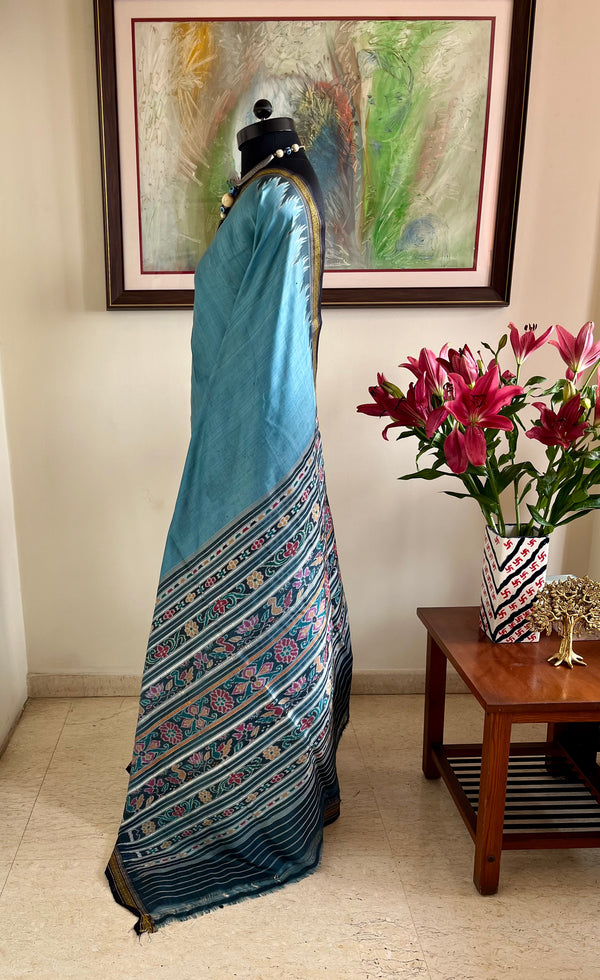 MILITA- VINTAGE KHANDUA SILK IN GREYISH BLUE WITH BANDHA AANCHAL