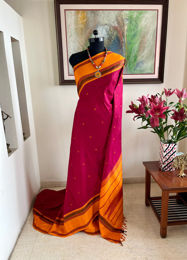 KRITISHA- VINTAGE KORVAI KANJIVARAM WITH PETNI AANCHAL IN MAROON AND MUSTARD HUES