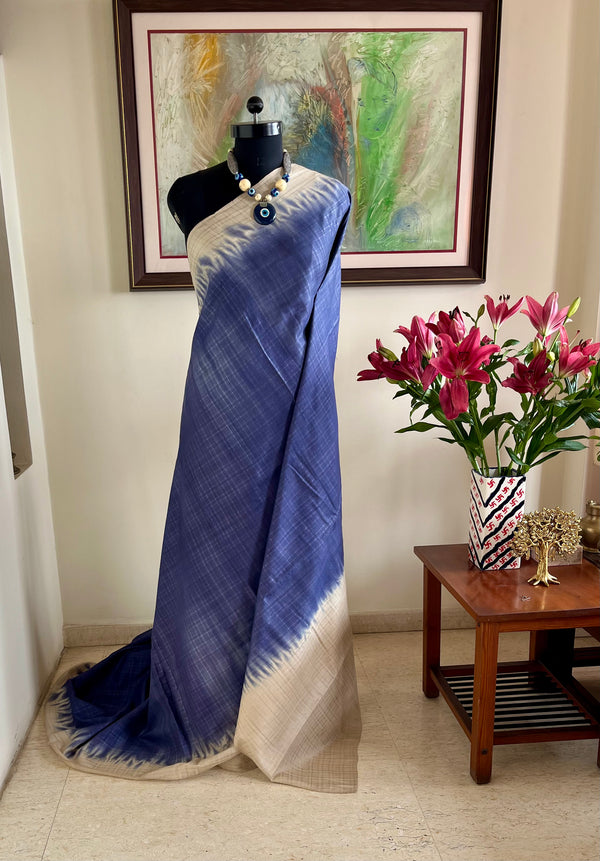 ADARSHA- PURPLISH BLUE TUSSAR WITH OFF-WHITE TIE-DYE BORDER
