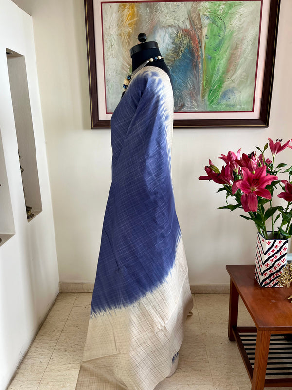 ADARSHA- PURPLISH BLUE TUSSAR WITH OFF-WHITE TIE-DYE BORDER