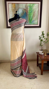 PRABHAVI - CREAM PURE TUSSAR SILK SAREE WITH FLORAL PALLU