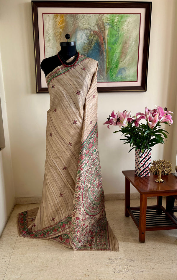 SANJITA- HAND-PAINTED MADHUBANI TUSSAR IN RUST, BLACK, AND GREEN
