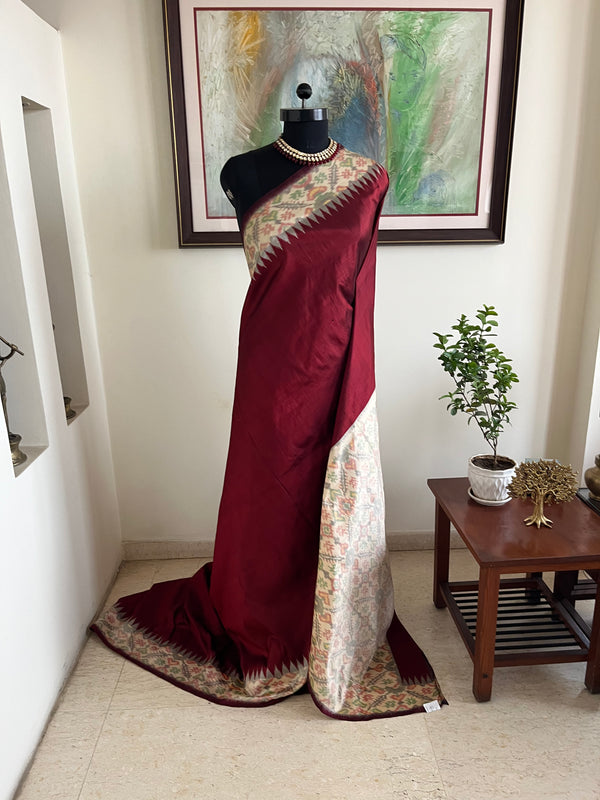 KUMKUMA- RICH MAROON POCHAMPALLY SILK WITH OFF-WHITE MOTIF DETAILING