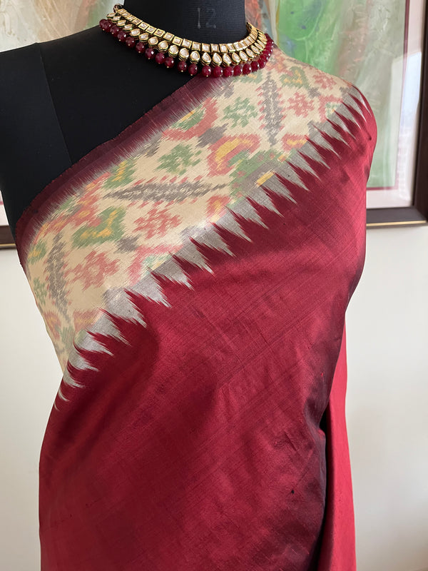 KUMKUMA- RICH MAROON POCHAMPALLY SILK WITH OFF-WHITE MOTIF DETAILING