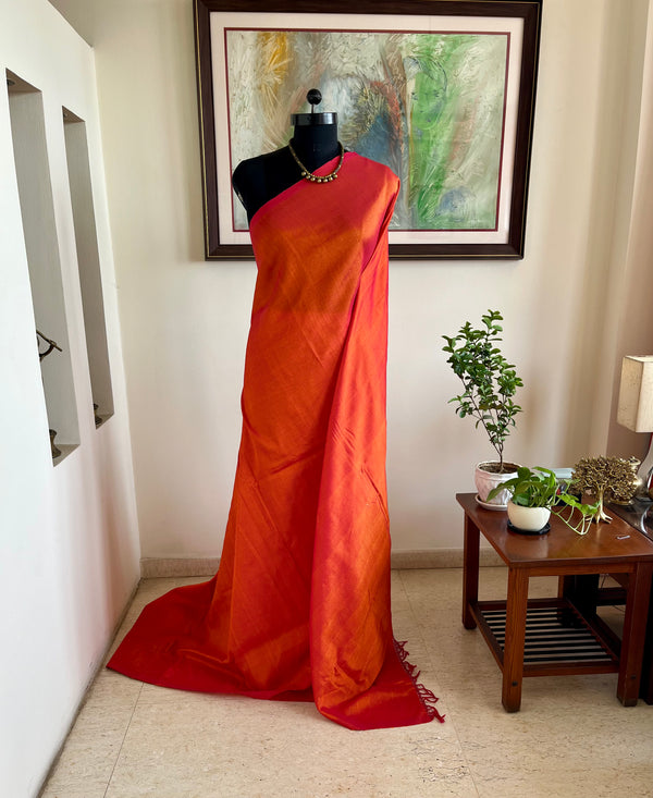 TAPATI- BURNT ORANGE ZARI LINEN SAREE WITH STRIPED AANCHAL